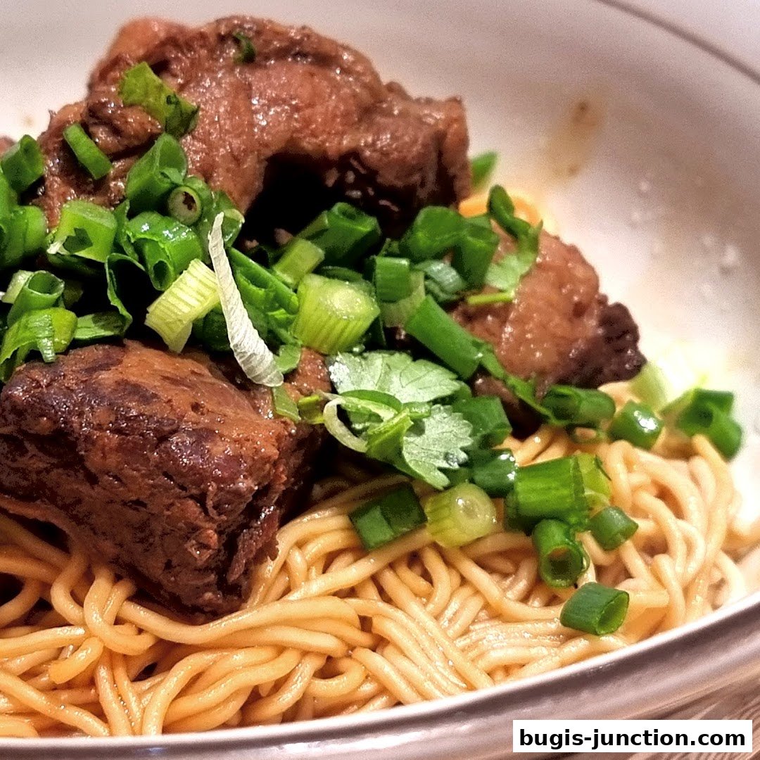 A close-up of a bowl of noodles topped with tender braised beef and fresh scallions.
