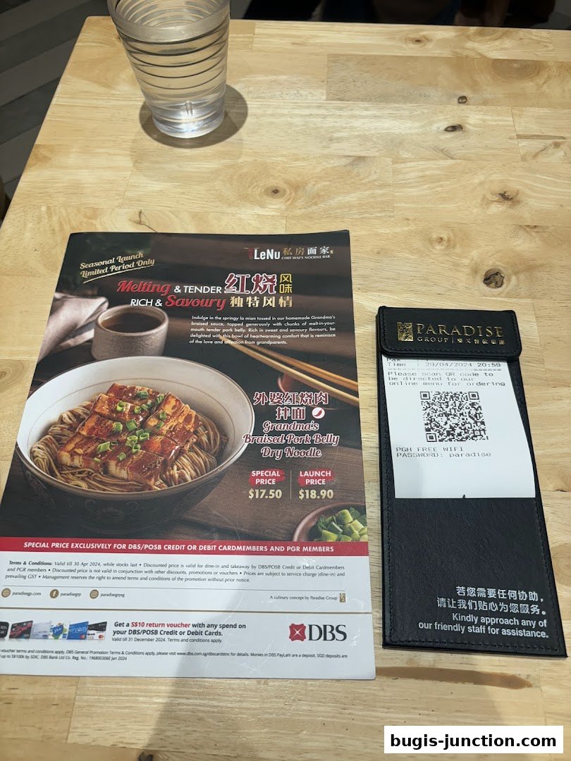 A menu from LeNu Chef Wais Noodle Bar featuring Grandma's Braised Pork Belly Dry Noodle.