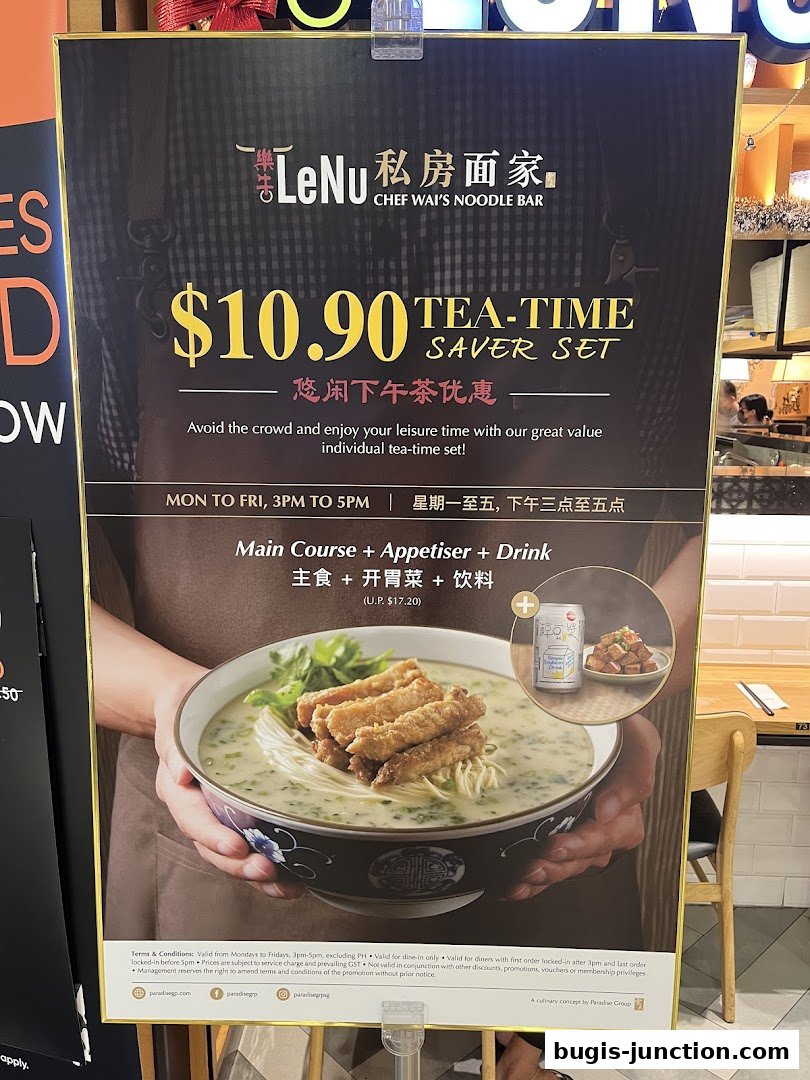 A promotional poster for LeNu Chef Wai's Noodle Bar's tea-time saver set.