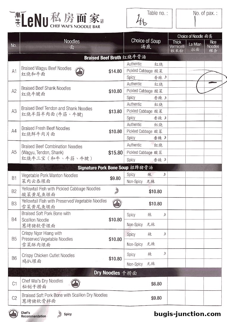 A menu from LeNu Chef Wai's Noodle Bar featuring various noodle dishes with soup and noodle choices.