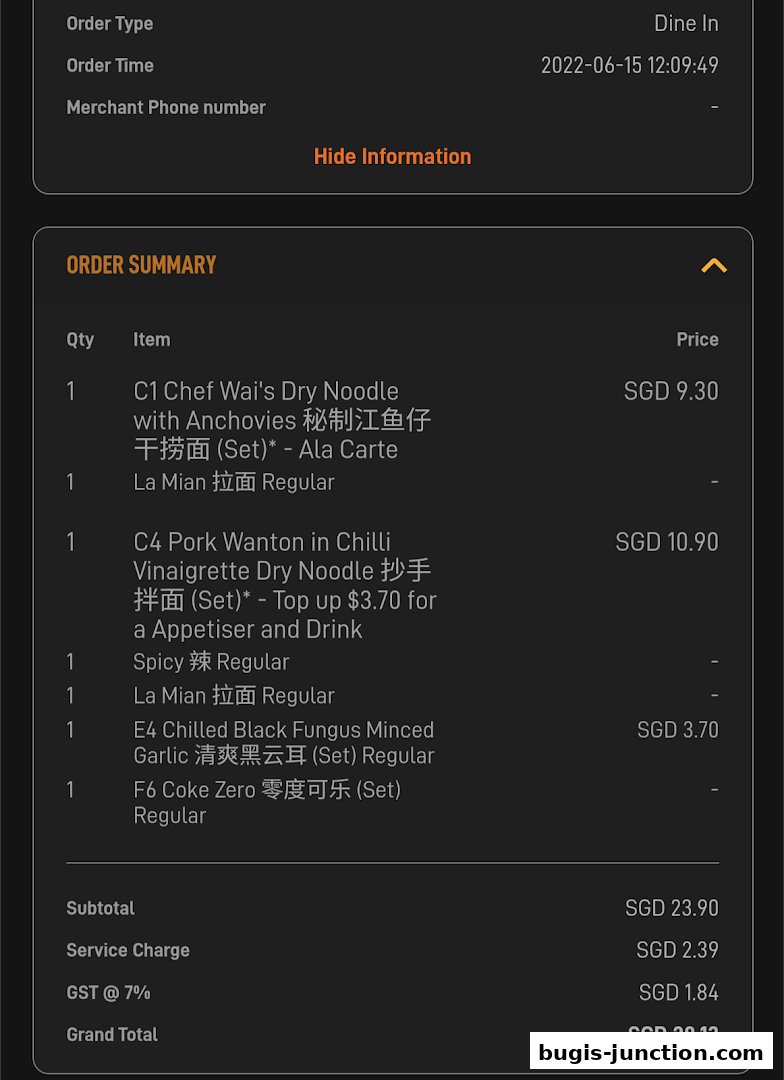 An order summary from LeNu Chef Wai's Noodle Bar showing various noodle dishes and drinks.