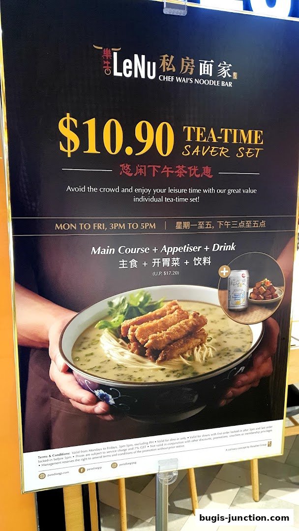 A promotional poster for LeNu Chef Wai's Noodle Bar's $10.90 Tea-Time Saver Set.