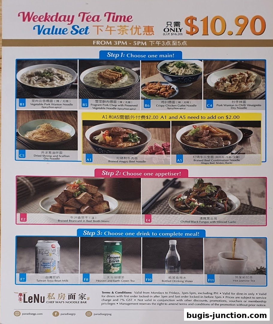 A menu for LeNu Chef Wai's Noodle Bar featuring a Weekday Tea Time Value Set.