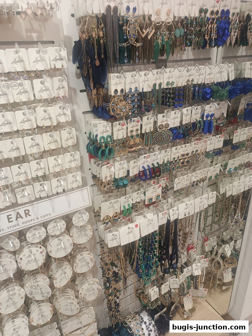 A display of various earrings, necklaces, and other fashion jewelry from Lovisa.