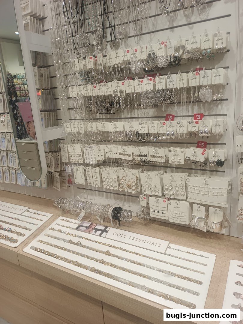 A display of various necklaces, earrings, and bracelets at Lovisa.
