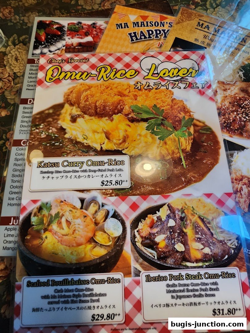A menu featuring various Omu-Rice dishes with enticing descriptions and prices.