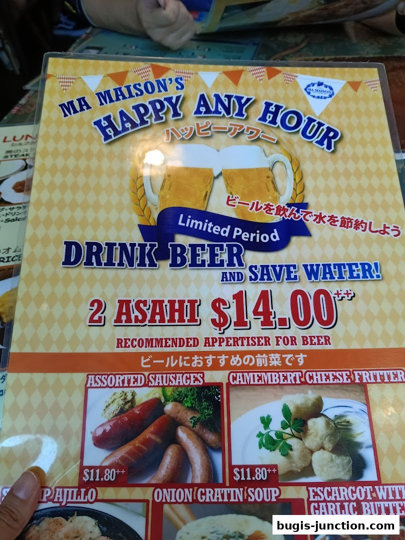A menu from Ma Maison featuring a Happy Hour special with beer and appetizers.
