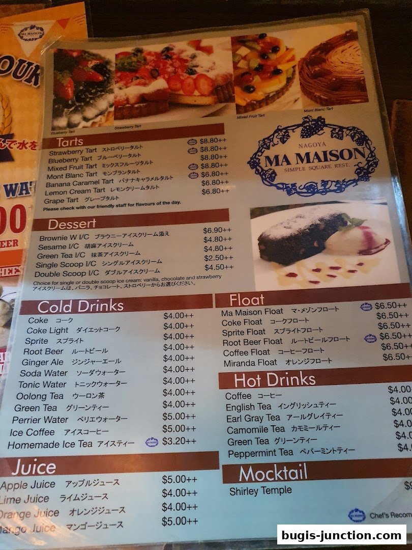 A menu from MA MAISON restaurant featuring tarts, desserts, cold drinks, floats, hot drinks, and juices.