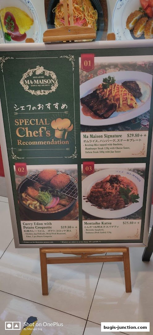 A menu board showcasing three special chef recommendations from Ma Maison restaurant.