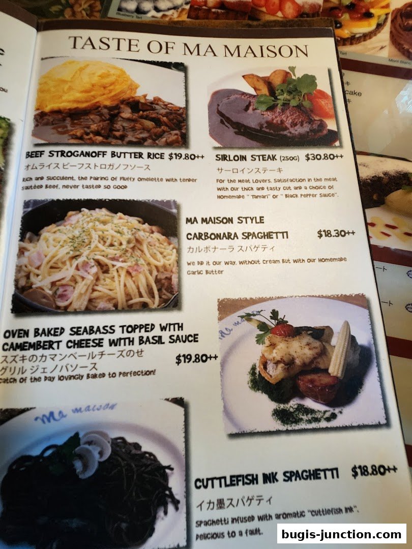 A menu page from MA MAISON featuring various pasta, steak, and seafood dishes with enticing descriptions.
