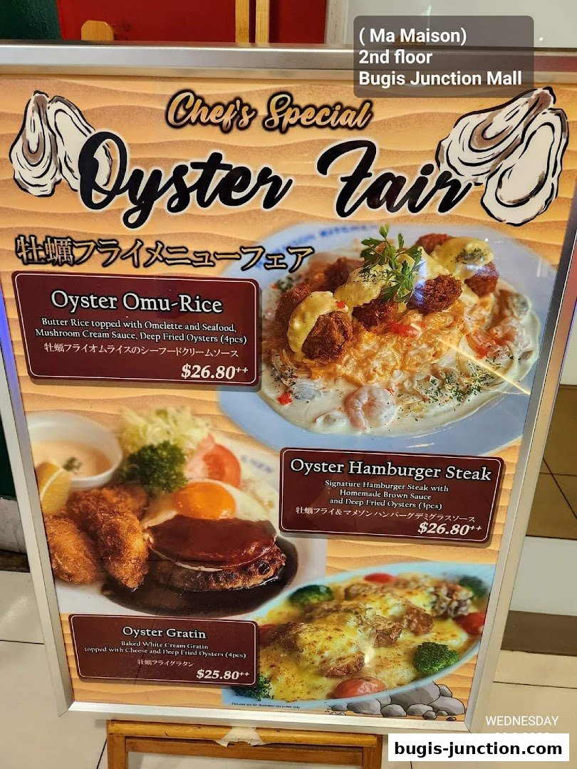 A menu board showcasing a Chef's Special Oyster Fair with three oyster dishes.