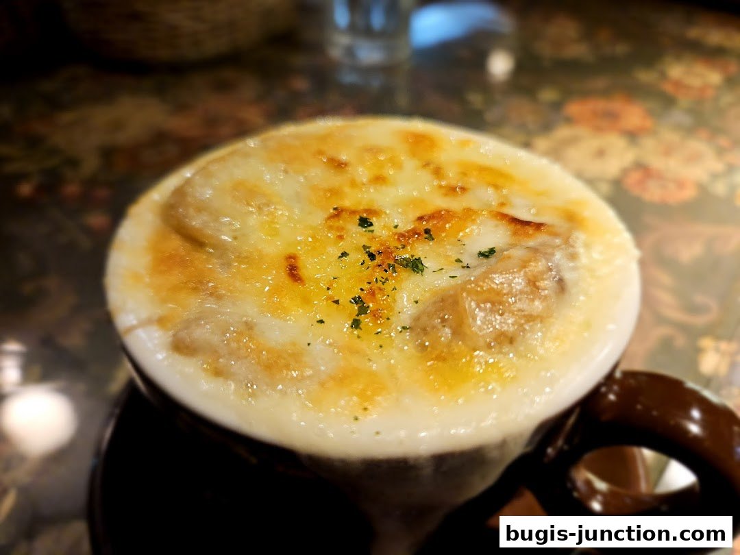 A close-up shot of a steaming bowl of French onion soup topped with melted cheese.