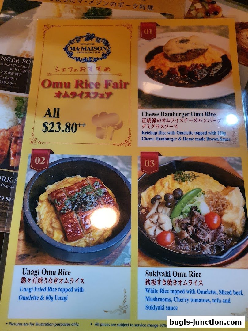 A menu featuring the 'Omu Rice Fair' with three different Omu Rice dishes.