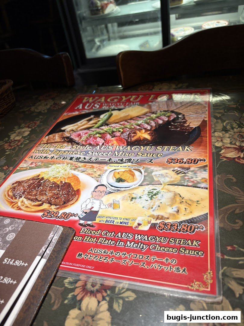 A menu featuring Wagyu steak dishes with prices and descriptions.