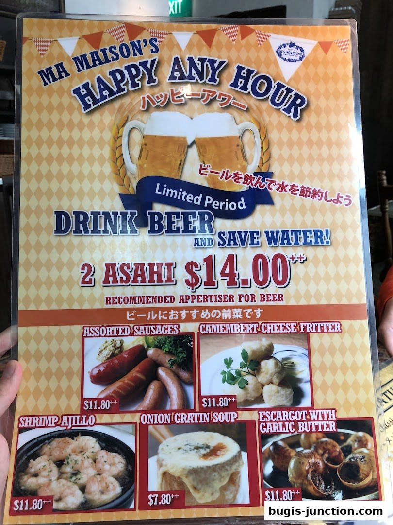 A menu for Ma Maison's Happy Any Hour featuring beer and appetizers.