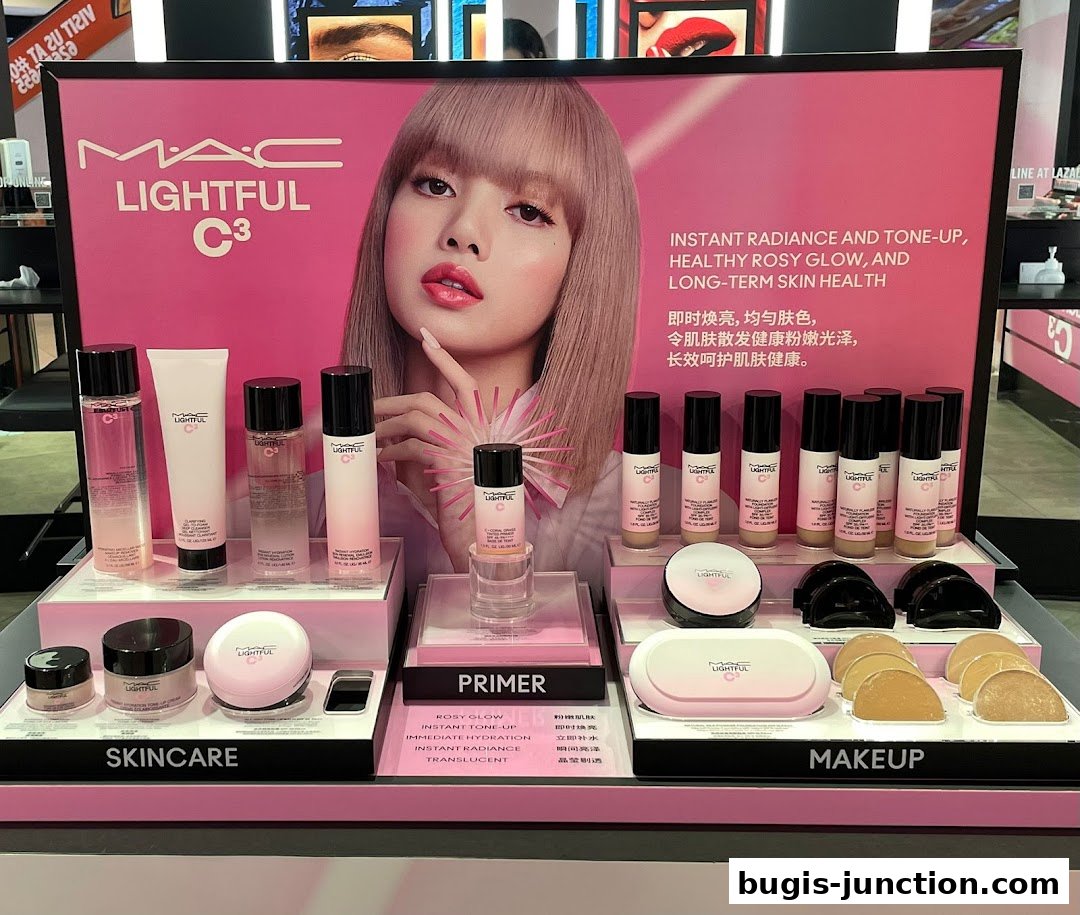 MAC Cosmetics display featuring the Lightful C3 skincare and makeup line with a model.