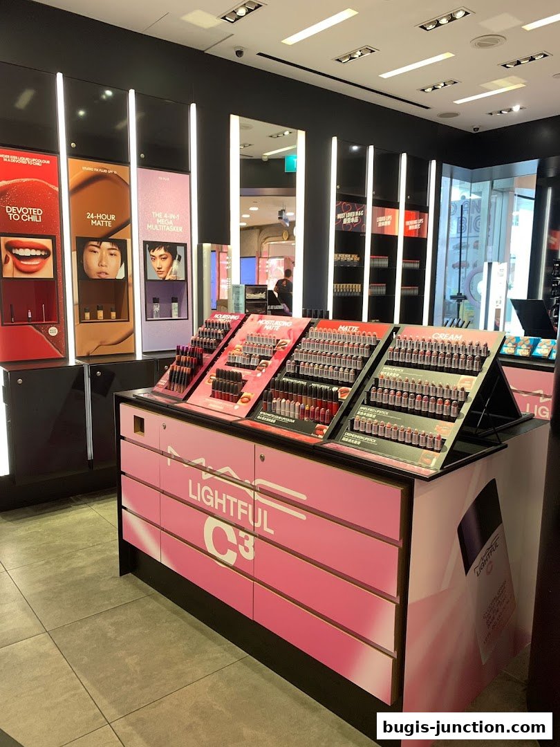 Interior view of a MAC Cosmetics store showcasing makeup displays and product promotions.