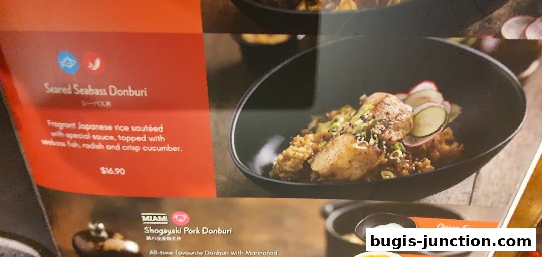 A menu featuring Seared Seabass Donburi and Shogayaki Pork Donburi.