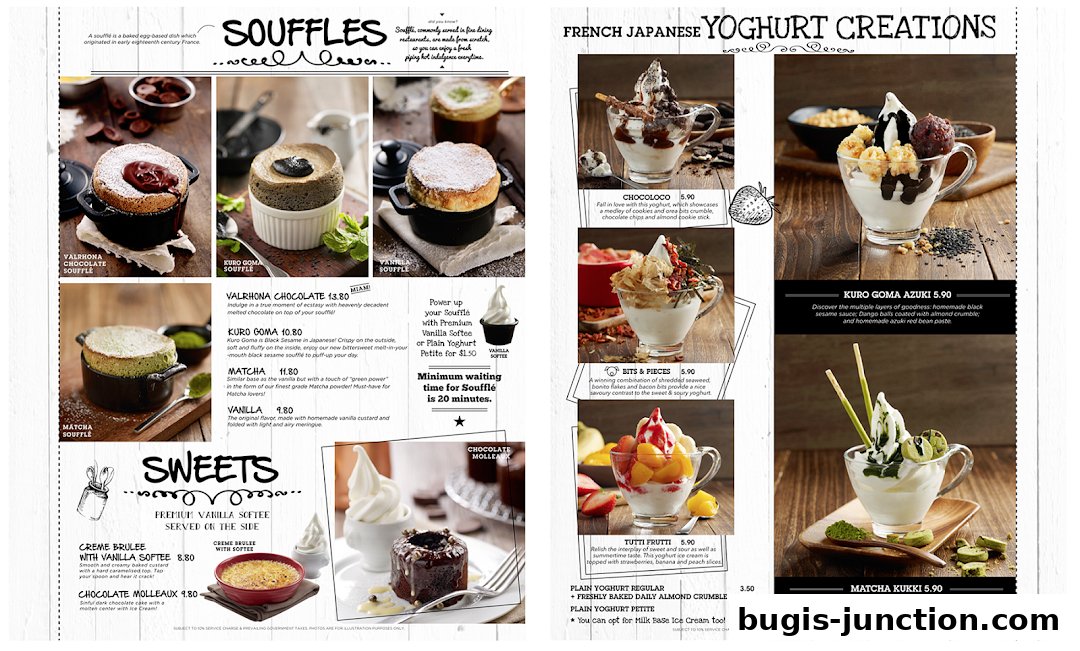 A menu showcasing French Japanese soufflés and yogurt creations with enticing food photography.