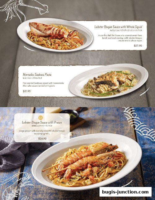A menu showcasing three seafood pasta dishes with detailed descriptions and prices.