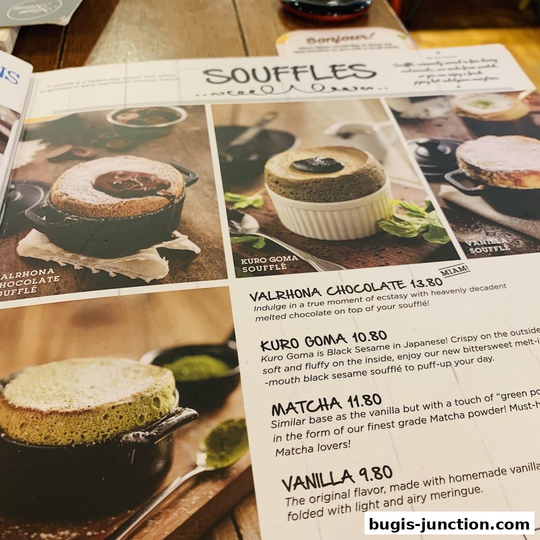 A menu featuring various soufflé flavors with enticing descriptions and prices.