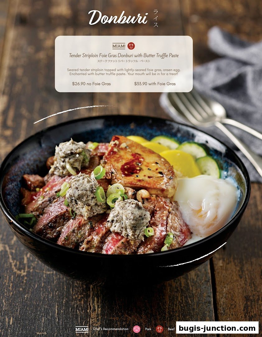 A close-up of a Donburi dish with tender striploin, foie gras, and a soft-boiled egg.