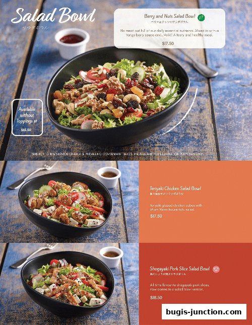A menu showcasing three different salad bowls with appetizing descriptions and prices.