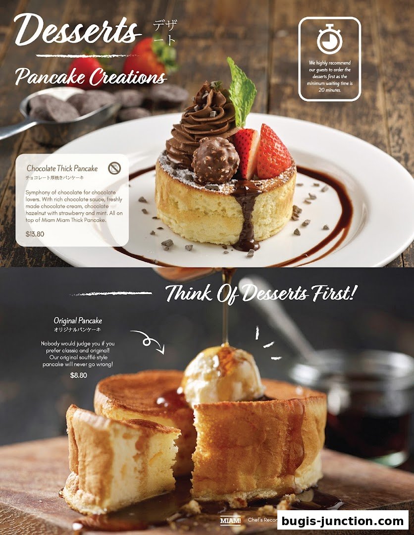 A visually appealing menu showcasing two distinct pancake desserts with detailed descriptions and prices.