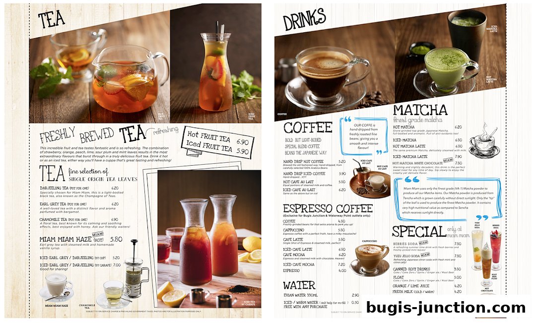 A menu showcasing various teas, coffees, matcha drinks, and other beverages with prices.