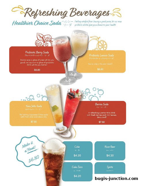 A menu showcasing refreshing beverages including probiotic sodas, jello sodas, and classic soft drinks.