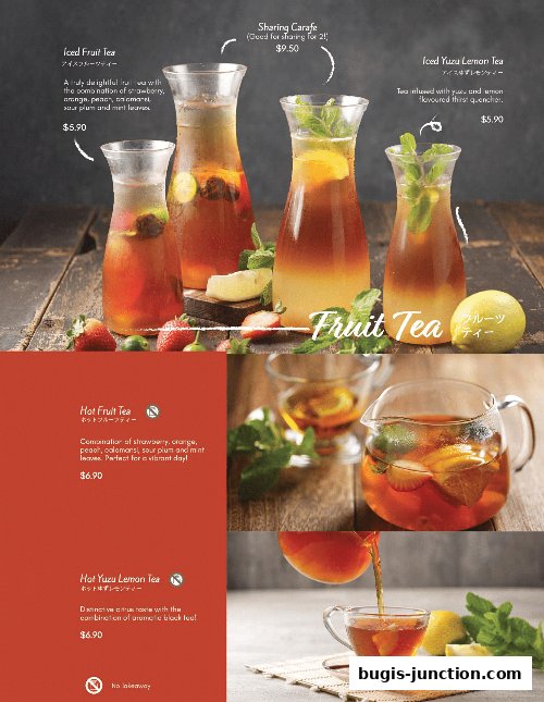A selection of refreshing fruit teas and yuzu lemon teas, beautifully presented.