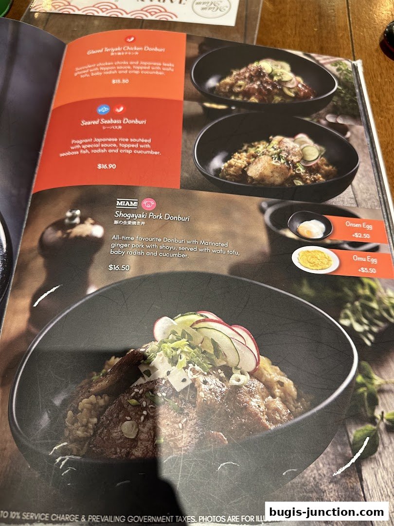 A menu page showcasing various donburi dishes with appetizing food photography.
