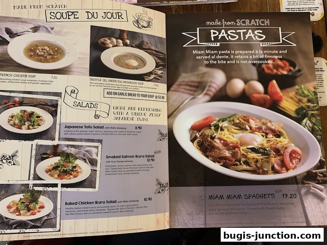 A menu from Miam Miam French Japanese Cafe Kitchen featuring soups, salads, and pasta dishes.
