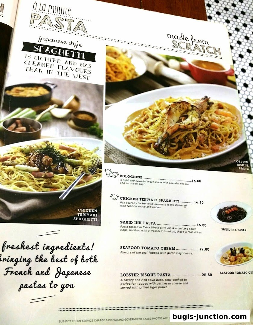 A menu page showcasing various pasta dishes with enticing descriptions and images.