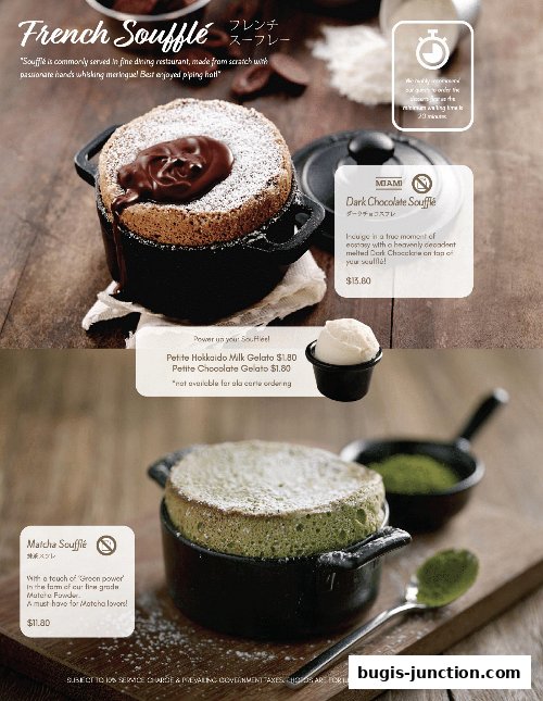 A close-up of two soufflés, one chocolate and one matcha, with accompanying descriptions and prices.