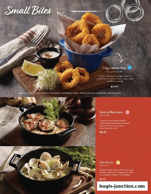 A selection of small bites including crispy calamari rings, gratin of mushrooms, and clam du jus.