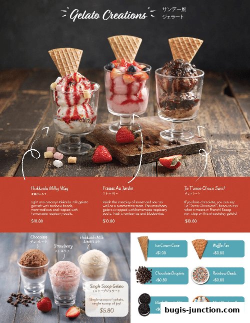 A menu showcasing various gelato creations and toppings with prices.
