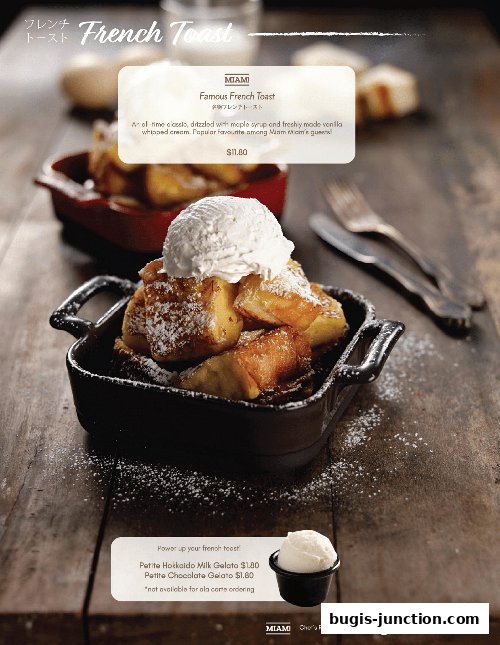 A close-up of a delicious French toast dish with a scoop of gelato.