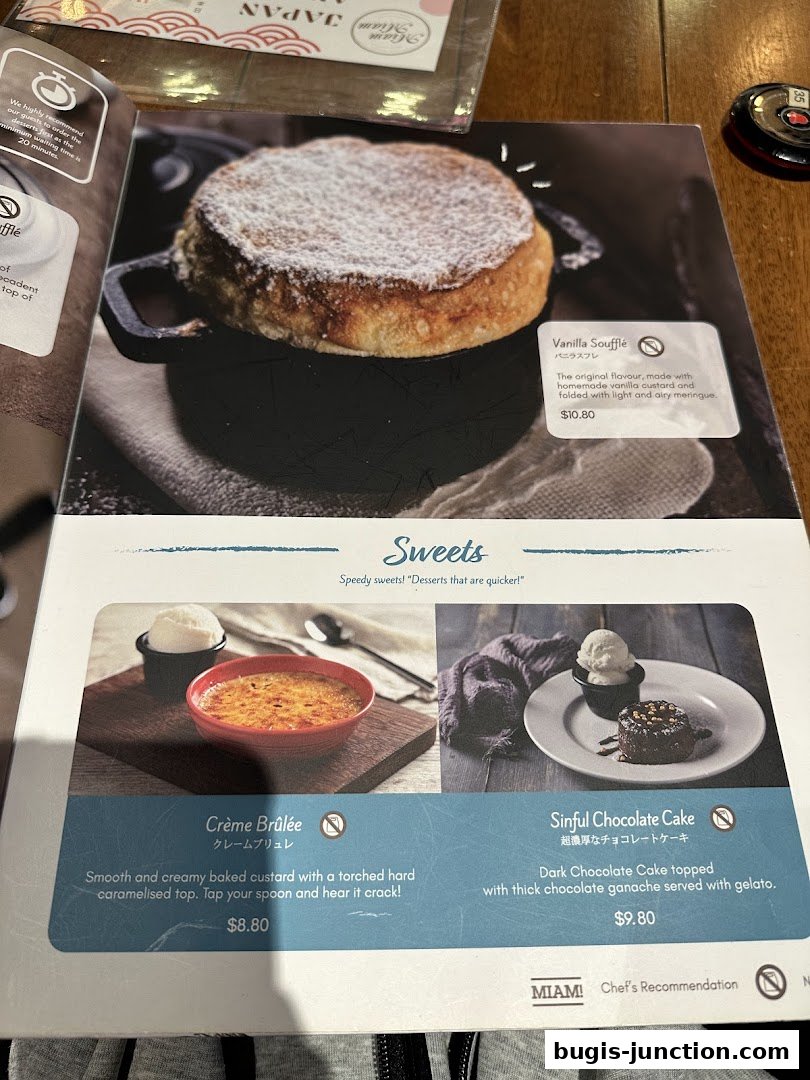 A menu page showcasing desserts like Vanilla Soufflé, Crème Brûlée, and Chocolate Cake.
