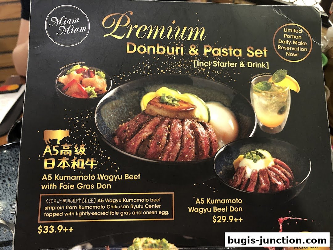 A menu featuring premium Donburi and Pasta sets with A5 Kumamoto Wagyu beef.