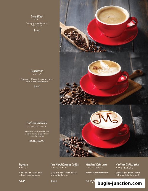 A menu featuring various coffee drinks and hot chocolate with enticing descriptions and prices.