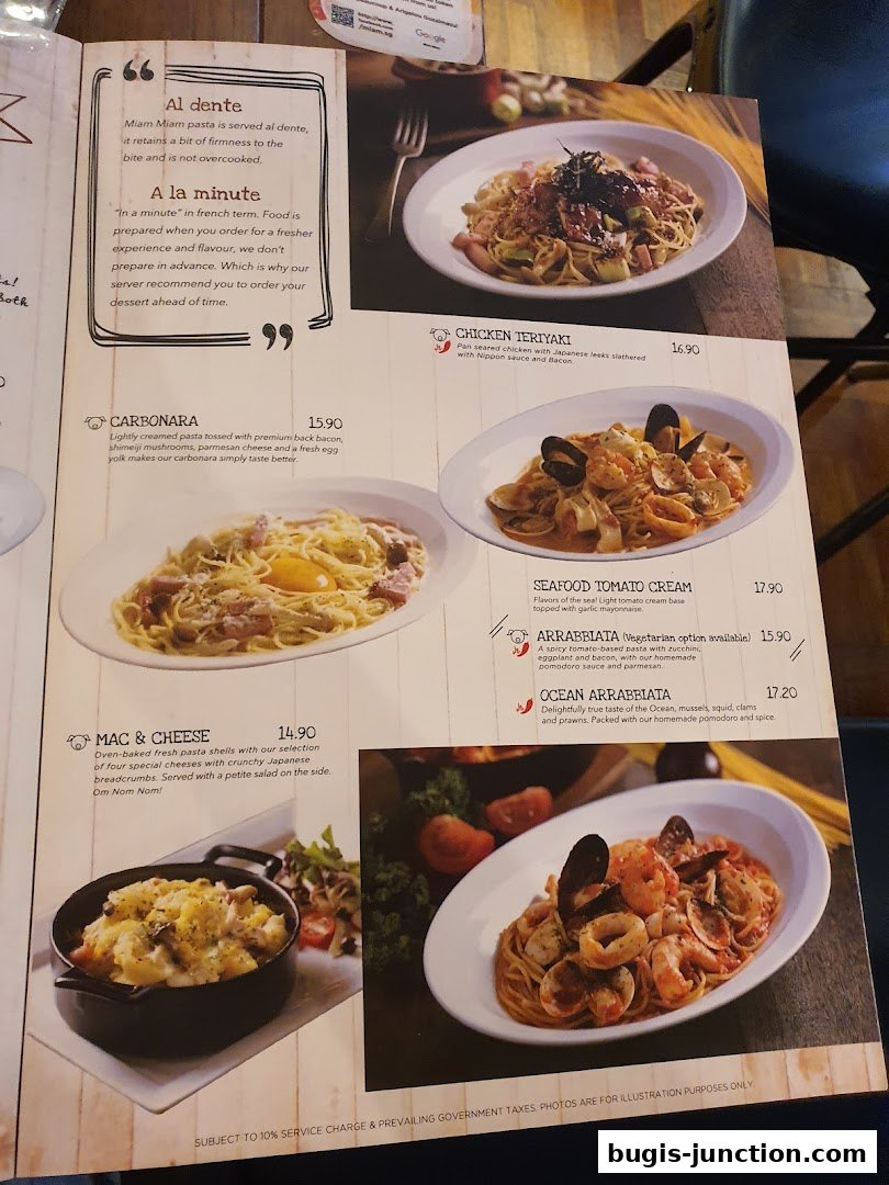 A menu page showcasing various pasta dishes with enticing descriptions and prices.