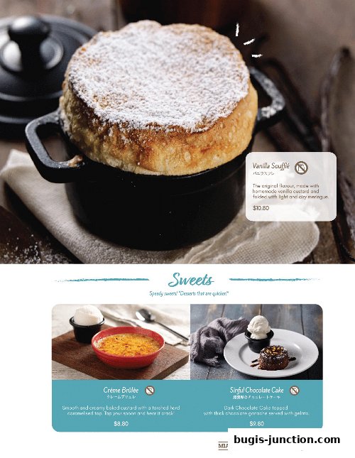A selection of delicious desserts including a vanilla soufflé, crème brûlée, and chocolate cake.