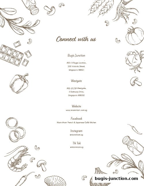 Contact information and social media handles for Miam Miam French Japanese Cafe Kitchen.