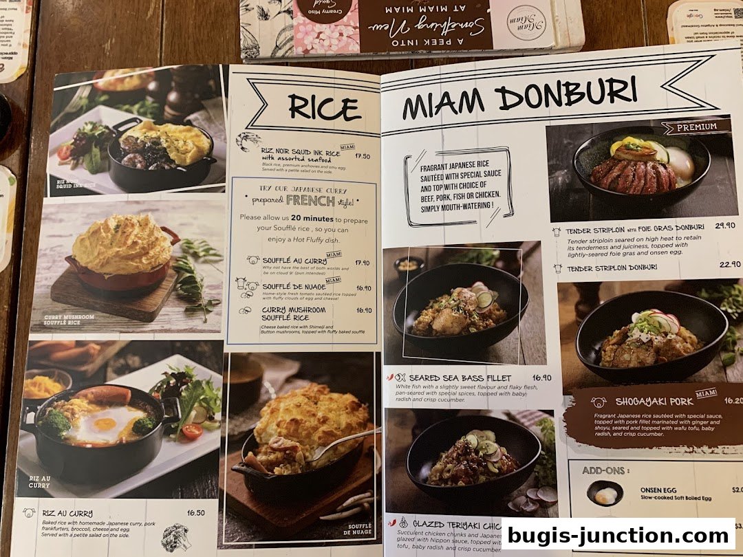 A menu from Miam Miam French Japanese Cafe Kitchen featuring rice dishes and donburi.