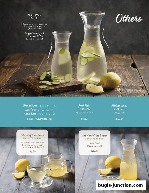 A selection of refreshing drinks including detox water, juices, milk, and yuzu lemon beverages.