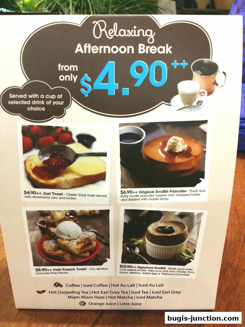 A menu featuring an afternoon break special with various sweet and savory toast and pancake options.