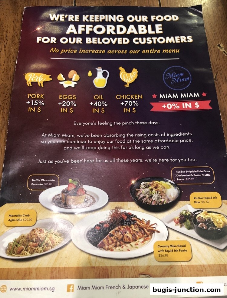 A menu from Miam Miam French Japanese Cafe Kitchen showcasing affordable dishes.