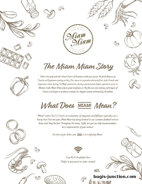 A decorative page with illustrations of food and text about the Miam Miam cafe's story and meaning.