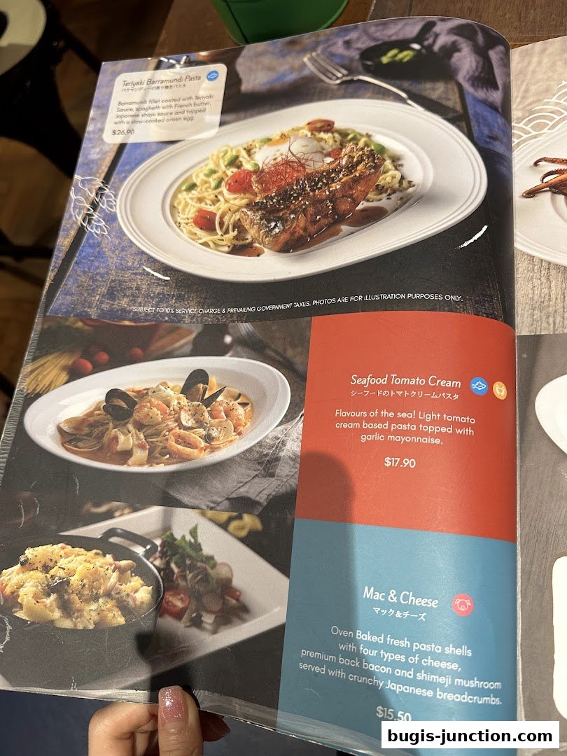 A menu page from Miam Miam French Japanese Cafe Kitchen featuring pasta dishes.